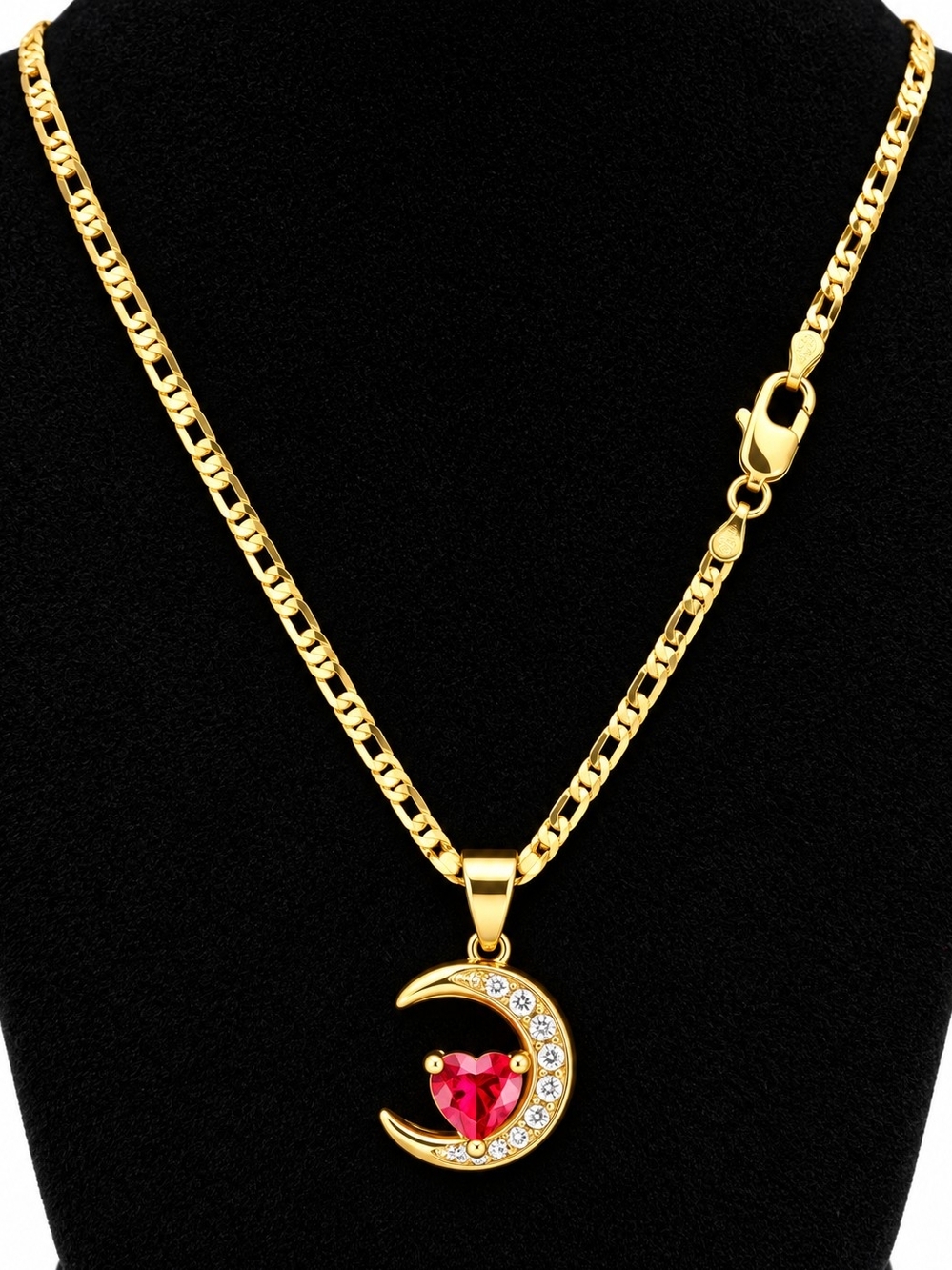 Gold Moon Heart Pendant Necklace with Red Crystal - Women Jewelry